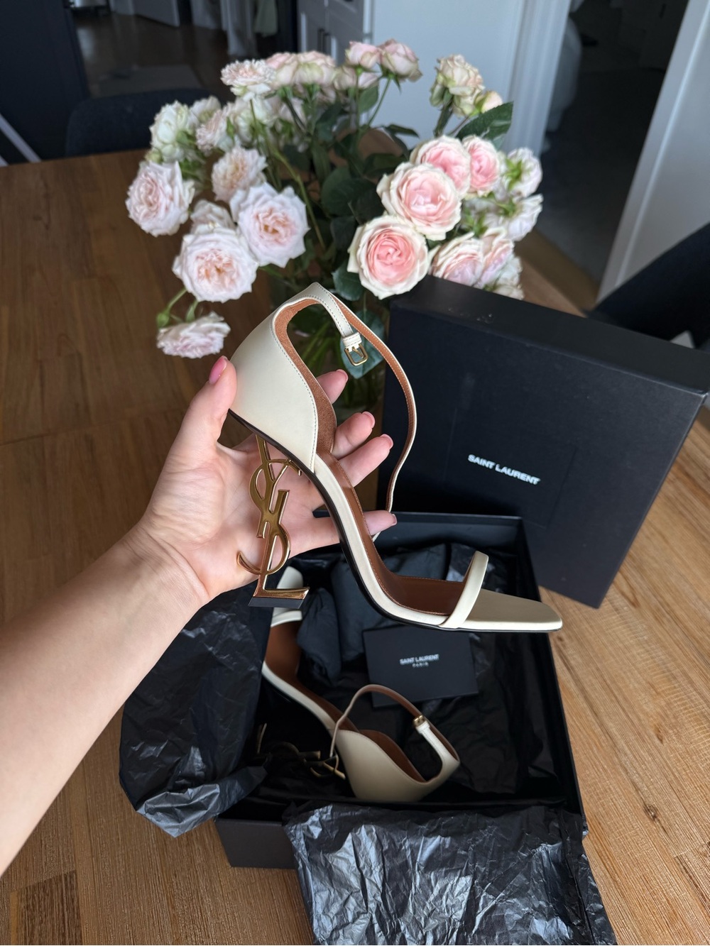 Saint Laurent Cream Leather Heeled Sandals with Gold YSL Heel